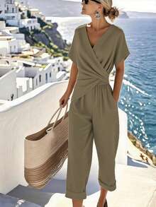 A Set Of Fashionable Multi-Color Jumpsuit Women's V-Neck Twisted Nine Inch Wide Leg Commuting Vacation Jumpsuit - 卡其色 - 查看 4
