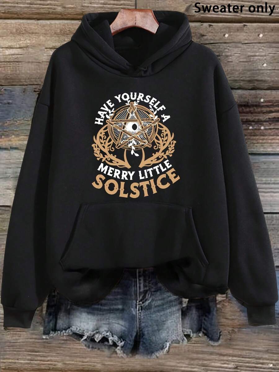 Mysterious Pattern Letter Printed Hooded Sweatshirt, Autumn And Winter Hooded Women's Top, Kangaroo Pocket, Simple Style Sweatshirt, Casual Wearing Style, Simple And Fashionable Hooded Sweatshirt, Essential Hooded Sweatshirt For Autumn And Winter - màu đen - Xem 1