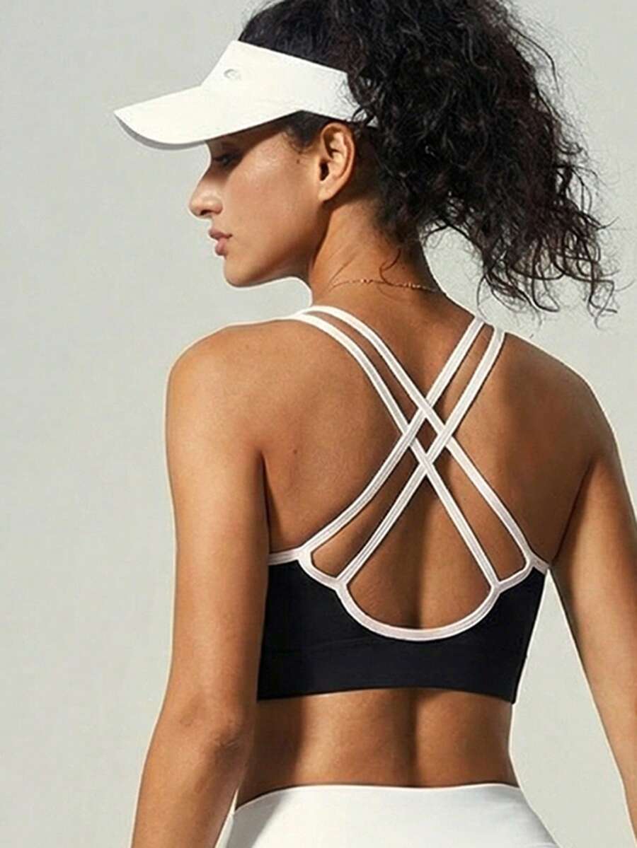1 chiếc áo tank top thể dục không đường may, dây chéo, hở lưng, dành cho nữ, thích hợp cho mùa xuân/hè. - màu đen - Xem 1