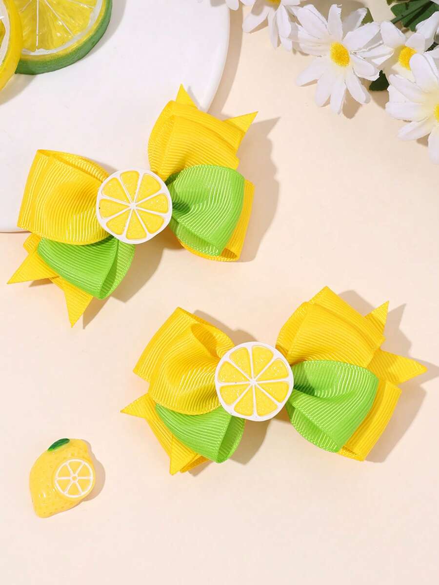 2 Stück gelbe Zitronen Haarschleifen Clips, gelb-grüne Satinband Haarschleife, Haarstyling Clips, exquisite Frucht-Schleifen Haarspangen, Frühlings- und Sommer-Haaraccessoires für den Alltag - Verschiedenfarbig - View 1