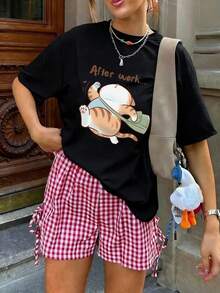 1件女款寬鬆圓領短袖T恤，「After Work」趣味貓咪印花主題黑色休閒夏季上衣 - 黑色 - 查看 2