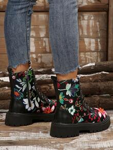 Girl's Fashionable Ankle Boots, Floral Lace-Up Unisex Ankle Boots, Combat Style Streetwear Boots - Black - View 7