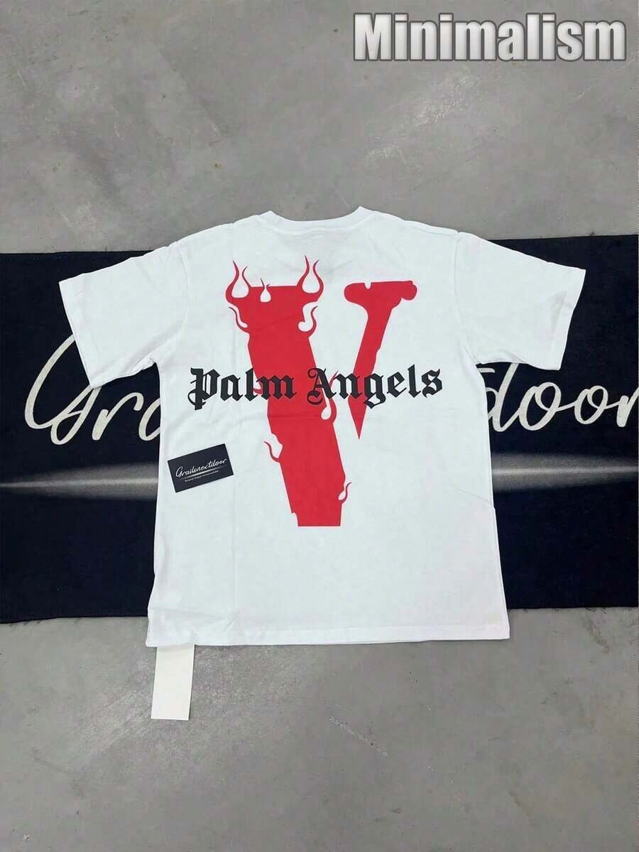 VLONEE "Palm AngelsS" Shirt,Stylish Design, Men's Graphic T-Shirt, Minimalist Design, Vintage Casual Style, Hip-Hop Style. Suitable For Outdoor Leisure Activities, Family Gatherings, And Dinners With Friends. - trắng - Xem 1