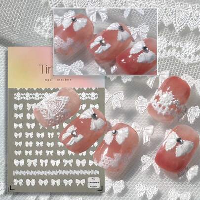 1 Sheet Sweet Lolita Style 6D Embossed Nail Art Stickers, Includes Pure White Lace Bow, Lace Trim, Mini Lace Decorative Elements, Suitable For Lolita Outfits, Date Looks, French Manicure, Daily Commute, Ideal For Sweet Girls, Lolita Fans, Nail Art DIY Beginners, Soft Feminine Style