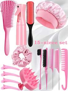 15pcs Hair Styling Tool Set Includes Spray Bottle And Satin Bonnet. Set Contains: Curling Comb, 9-Row Styling Comb, Wide-Tooth Comb With Hook Handle, Tail Comb, Double-Sided Comb, Scalp Massage Brush, And 4 Styling Clips (Alligator Clips). - Multicolor - View 1