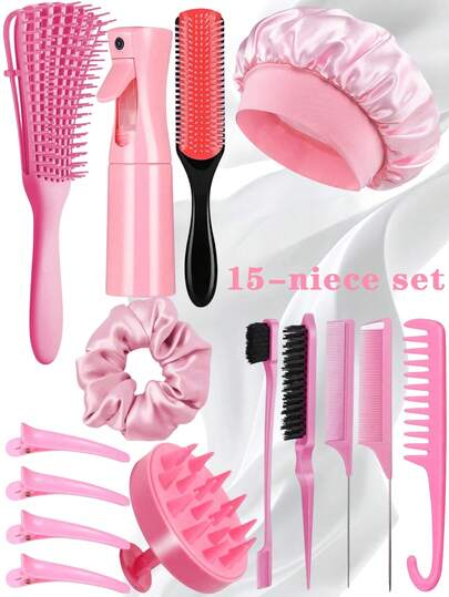 15pcs Hair Styling Tool Set Includes Spray Bottle And Satin Bonnet. Set Contains: Curling Comb, 9-Row Styling Comb, Wide-Tooth Comb With Hook Handle, Tail Comb, Double-Sided Comb, Scalp Massage Brush, And 4 Styling Clips (Alligator Clips).