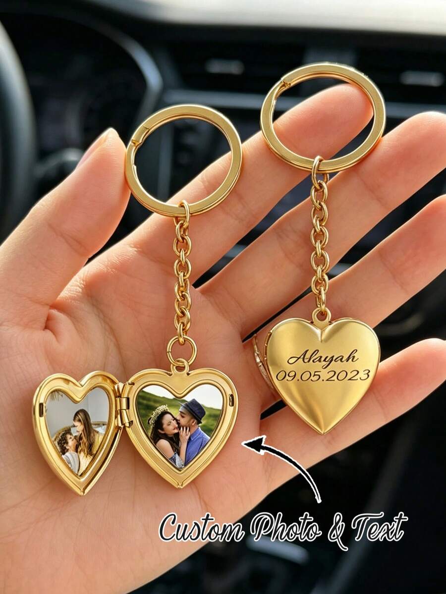 1 pieza Llavero personalizado con foto, regalo del Día del Padre, llavero con foto en forma de corazón, llavero con foto grabada por láser en acero inoxidable, joyería de acero inoxidable con foto grabada, regalo conmemorativo, llavero de coche, regalo para papá - Multicolor - Ver 1