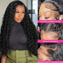 16-32英寸深波浪蕾丝前真人发假发，150%密度，13x6高清透明蕾丝前假发，预先拔毛 - Natural Black - 查看 8