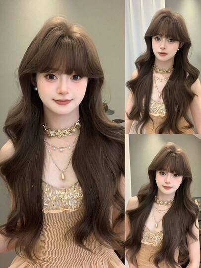SHUDUO 30-Inch Long Synthetic Wig Featuring A Natural Curly Hair Look A Stunning Chocolate-Brown. Designed With Bangs , It Is Crafted From Heat-Resistant Fiber To Ensure Durability. This False Hairpiece Is Perfect For Ms Daily Use, Offering A Natural And Realistic Appearance That Mimics It Is Also A Gift For Women.
