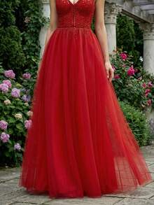 Elegant Burgundy Spaghetti Strap Beaded A-Line Mesh Party Dress, Perfect For Formal Occasions, Elegant Balls And Evening Parties, Also Suitable For Wedding Guests, Graduation Ceremonies, Evening Parties, Gatherings And Balls - Burgundy - View 5