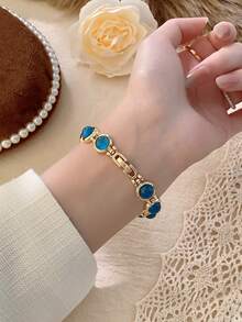 1pc Women's Gold Alloy Asymmetrical Bracelet Watch, Fashion Arabic Numeral Dial, Quartz Movement, Adjustable Strap, Suitable For Daily Decoration And Holiday Gifts - Màu xanh lam - Xem 6