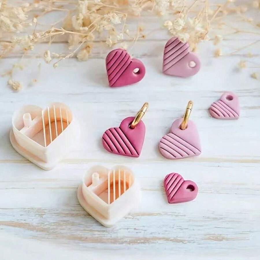 2pcs Heart Shaped Polymer Clay Mold, Heart Line Art Handmade Earring Tool, Suitable For DIY Clay Earring Creation - Apricot - View 1