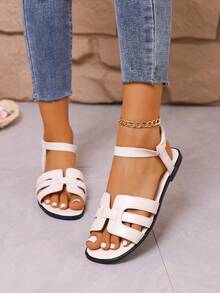 New Elegant Solid Color Korean Style Sandals, Fashionable Flat Vacation Beach Sandals, Beige Strap Sandals For Women - Beige - View 4