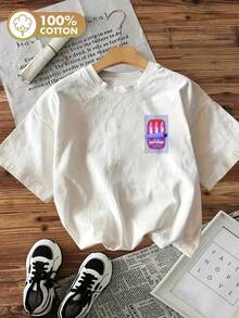 Vintage Oversized Damen Sardinen Streifen Print T-Shirt, 100% Baumwolle Rundhals Locker Top - 白色 - 查看 2