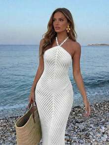 Women's Faux Pearl Decor Camisole Dress, Lace-Up Blue Loose Dress, Bohemian Style Bodycon Pencil Dress. Suitable For Beach Outings, Casual Vacation, Music Festivals, Beach Parties, And Cocktail Events Summer - 白色 - 查看 8