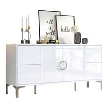 150*38*59,5cm Beistellschrank, Wohnzimmerschrank mit 4 Schubladen, 2 Schranktüren, Esszimmerschrank, Hochglanz Aparador, Ein Kommode mit Metallstützfüßen, breite grifflose Schließfächer, Weiß, MDF - Weiss - Übersicht 9