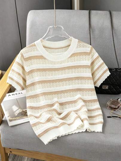 GIGOGOU Áo thun dệt kim tay ngắn kẻ sọc khoét lỗ mùa hè mới dành cho nữ