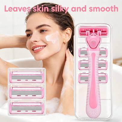 五层女士剃须刀，粉色渐变手柄，含3个替换刀头、1个手柄收纳盒，五层刀片系统带来顺滑贴面的剃须体验，保湿条呵护敏感肌肤，防滑手柄触感柔软舒适，旋转刀头贴合身体曲线，适用于腿部、手臂、腋下、比基尼部位，温和不刺激，不刮伤，易于清洗，可水洗，便携旅行收纳盒，超值套装，日常护理之选，送给女性的理想礼物。