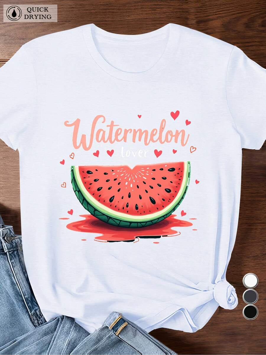Vintage Watermelon Lover Dam Plus Size Sport Kortärmad Sommartopp - Vitt - Visa 1