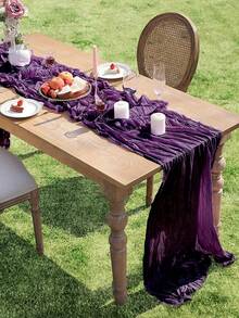 5pcs Deep Purple Chiffon Ruffle Design Table Runners, Solid Color Tablecloths, Suitable For Graduation Celebration, Birthday Party Decoration, Wedding Accessories, Holiday Home Party Table Decor, Baby Shower, Bridal Shower Tablecloth, Banquet Party Table Flags, Cheese Cloth Table Flags, Table Decor - Dark Purple - View 10