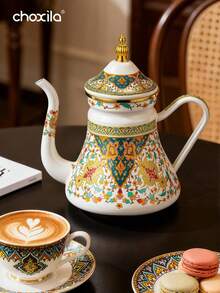 choxila 1pc 1.2L Large Capacity Enamel Floral Pattern Handle Drip Coffee Pot, Suitable For Induction Cooktop And Gas Stove To Brew Coffee Or Tea - Russian Flower Waist Enamel Pot - View 4
