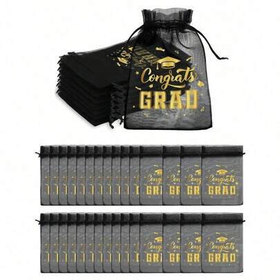 10pcs Graduation Ceremony Drawstring Bags, Black And Gold Transparent Fabric Pouches With Congratulations Graduate Text, Star And Diploma Pattern, Suitable For Party Favors, Graduation Party Supplies, Graduation Decorations And Graduation Gifts