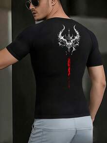 Men's Lightweight Sports T-Shirt, Quick-Dry Short Sleeve Casual Outdoor Training Tee With Printed Design, Suitable For Summer - Black - View 5