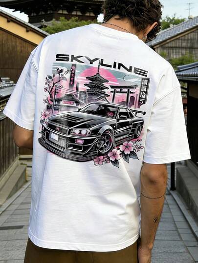 Men's Summer Casual Street Fashion Cyber & Japanese Sakura Car Letter Gradient Round Neck Short Sleeve T-Shirt, Suitable For Home, Office, Outdoor, City, Loose, , Street, Leisure, Youth, Minimalist, Campus Retro, Natural, Versatile, Quality, Personality, Sports