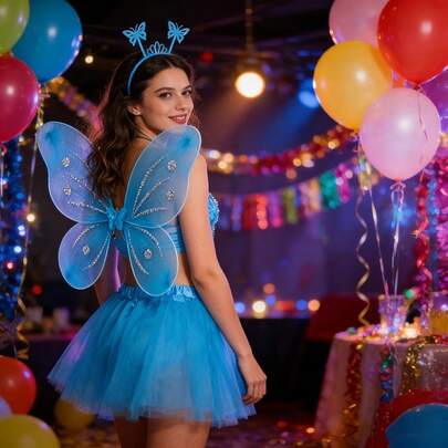 3pcs Set, Includes Butterfly Wing Design: Colorful Chiffon Mini Skirt, Headband And Wings. Suitable For Birthday Party, Holiday Costumes, Stage Performance. Princess Magic Prop Set. Available In Multiple Colors