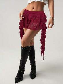 ICON Low Waist Casual Lace Wave-Trim Skirt With Safety Shorts To Prevent Exposure, For Vacation,Bohemian Clothes - 酒紅色 - 查看 3
