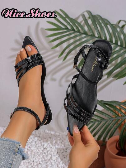 Giày sandal mùa hè mới, mũi nhọn, nhiều quai, khóa cài, kiểu dáng thanh lịch Pháp, thích hợp cho đi làm, hẹn hò, màu đỏ, đỏ tía, đen, vàng.