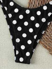 Women's Summer Beach Black & White Polka Dot Print Halter Casual Elegant Sexy Camisole And Thong Bikini With Ruffle Tie-Up High Slit 3-Piece Swimsuit Set, Essential For Beach, Vacation, Party - Black and White - View 5