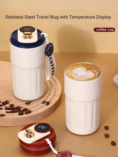 1pc 450ml Stainless Steel Insulated Coffee Tumbler With Carrying Strap, Double Wall Vacuum Sealed Travel Mug, Leak-Proof Reusable Coffee Cup, Keeps Hot/Cold, Non-Slip For Office, Camping & Daily Use