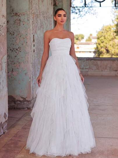 Faeriesty 素色褶邊婚紗連衣裙