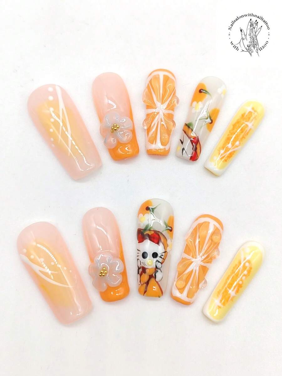 10 Pieces Of Pure Hand-Pressed Wearable Nail, 33mm Length Spring Cartoon Nail, Pink Nail, Orange Nail, Cartoon Cat Pattern, Three-Dimensional Raised White Flowers, Fruit Slice Modeling, Fruit Nail, White Line, Starlight Modeling. Cute Nail Piece. - Multicolor - View 1