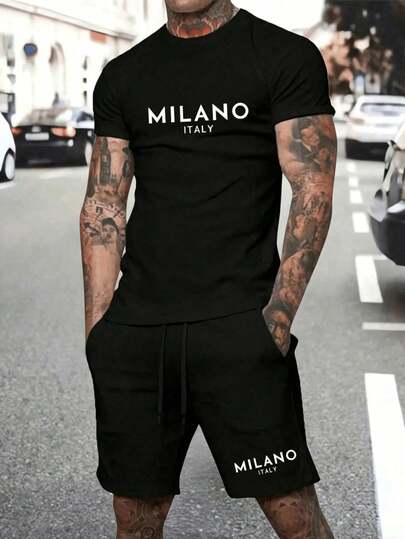 Conjunto casual de verano para hombre de 2 piezas: camiseta de manga corta y pantalón corto con cordón, estampado de letras y gráficos, corte regular, diseño con bolsillo, ideal como regalo para marido o novio.