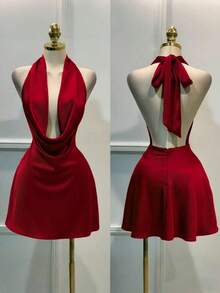 1 pieza Vestido corto de satén de unicolor y espalda descubierta, elegante vestido de playa mini, vestido de verano casual para mujer, vestido corto fluido color negro - Burdeos - Ver 4