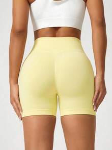 FWH #Slimming & Shaping# 女款無縫運動短褲，彈性腰頭，抓皺設計，舒適彈性腰帶，提臀抓皺效果，修飾臀部線條，活動自如，適合休閒日常運動健身跑步，無束縛感，女款休閒提臀運動短褲 - 黃色 - 查看 3