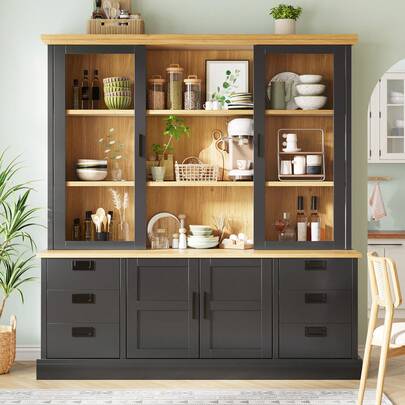Tall Kitchen Cabinet With 6 Large Drawers, Glass Doors, Anti-Tip Device And Metal Runners, 140 X 185 Cm, Storage Unit For Kitchen And Dining Room