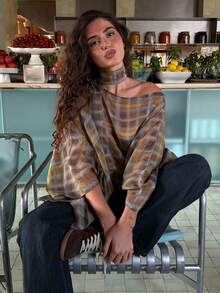 Elegant Plaid Cover Up, Women's Casual Romantic Shawl Collar Cover Up, New Fashion Beach Resort Cover Up - Olive Green - View 4
