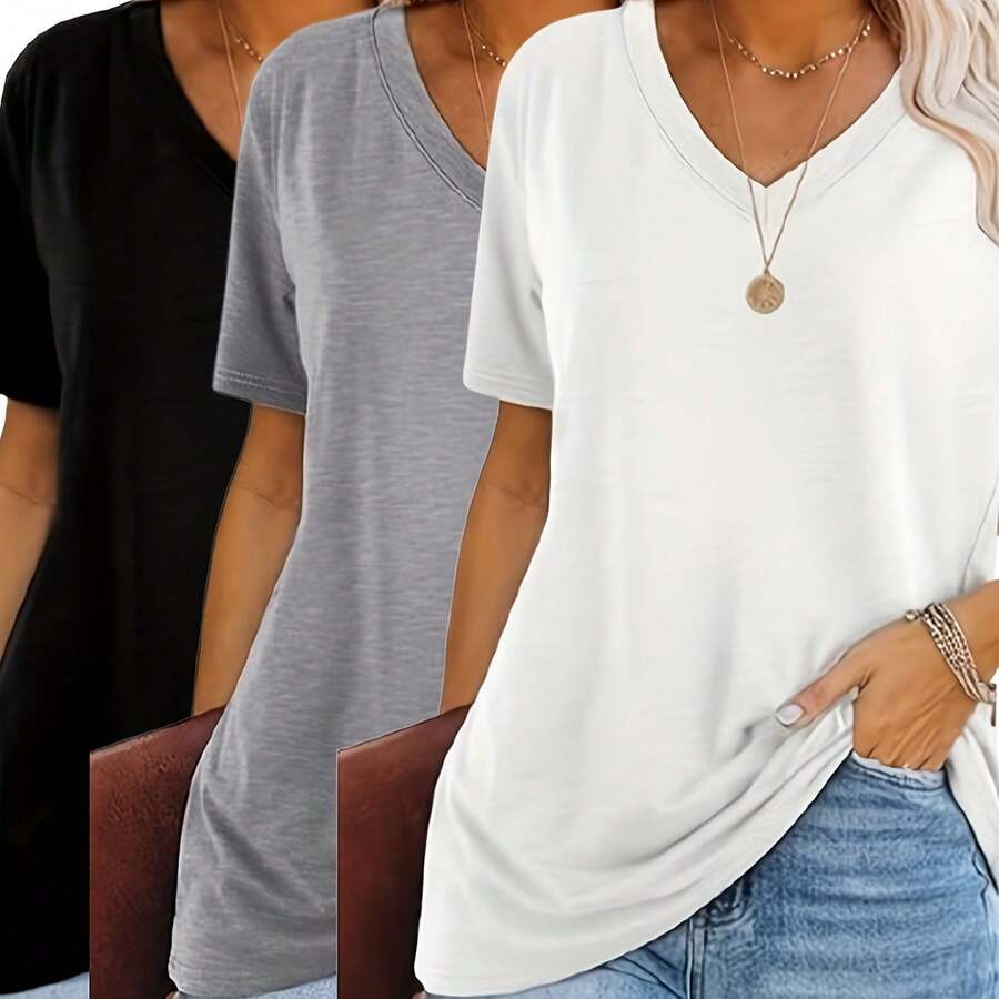 3pcs Women's Oversized V-Neck Short-Sleeve T-Shirts - Solid Color Casual Loose Fit Basic Tops Suitable For All Seasons, Layering & Casual Attire - Machine Washable Comfortable Tees (No Bulk) - 混合色 2 - 查看 1