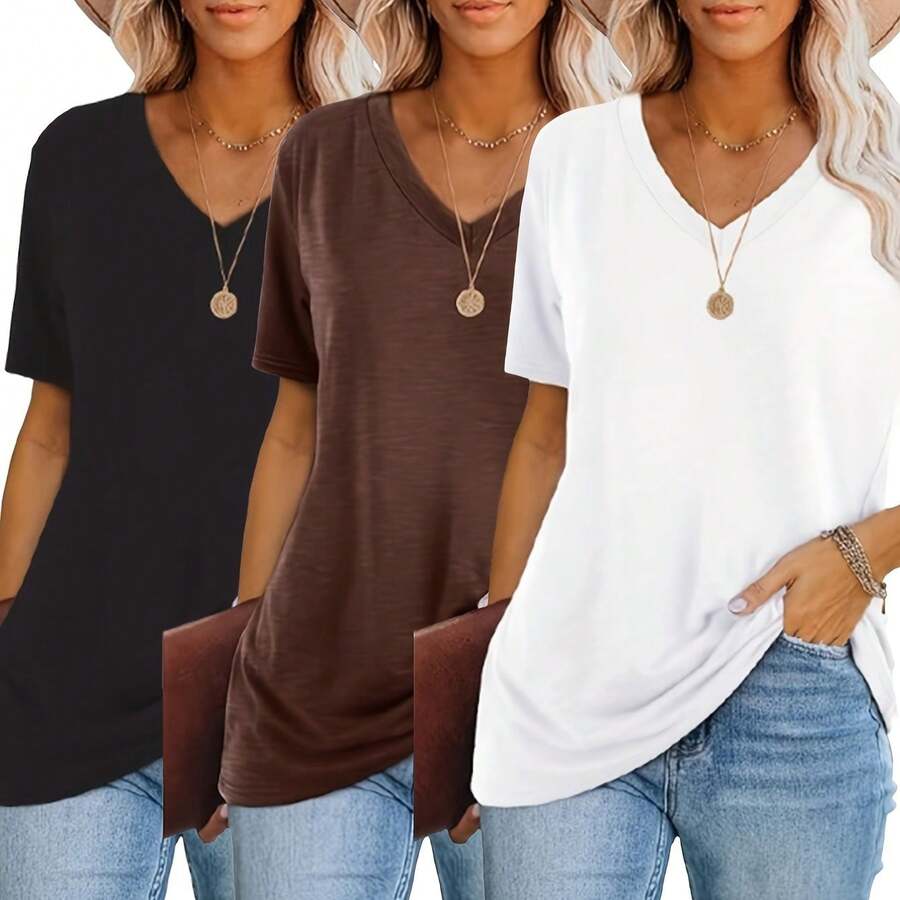 3pcs Women's Oversized V-Neck Short-Sleeve T-Shirts - Solid Color Casual Loose Fit Basic Tops Suitable For All Seasons, Layering & Casual Attire - Machine Washable Comfortable Tees (No Bulk) - 混合色 4 - 查看 1