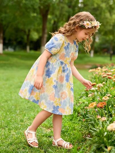 Đầm ngắn tay họa tiết hoa vẽ mực cho bé gái, đầm dài mùa hè dễ thương cho bé gái, trang phục thường ngày cho bé gái, nhiều màu sắc