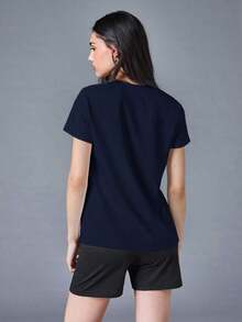BASICS Camiseta de manga corta de cuello redondo, de color liso, para verano - Azul Marino - Ver 2