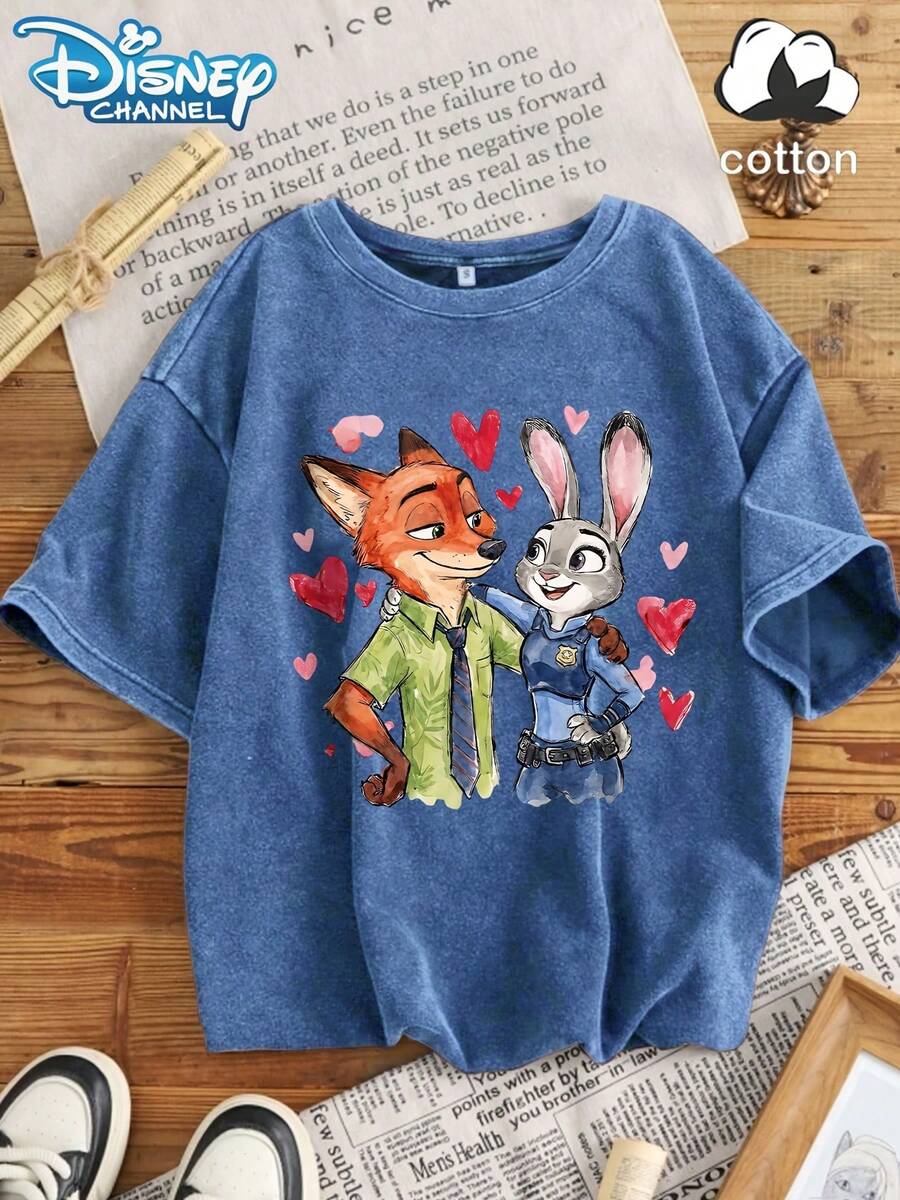 Disney Zootopia Co-Branded Lilo & Stitch Is Not Lazy And. Retro Washed Black Oversized Cotton T-Shirts, Oversized Loose-Fitting T-Shirts For Men And Women, Funny Disney Tops. - 藍色 - 查看 1