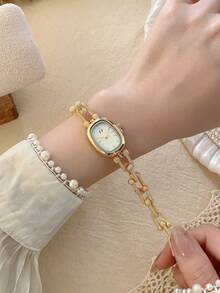 1pc Women's Oval Silver-Black Square Gold-Tone Dial Quartz Casual Watch, Suitable For Daily Wear - White - View 4