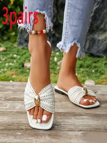 New Summer French Style Square Toe Slides For Women, Fashionable Fairy Style Flat Sandals, Versatile Outdoor Wear Slippers, Lightweight Comfortable Open Toe Slip-On Slides Perfect For Beach - Multiple Styles - View 10