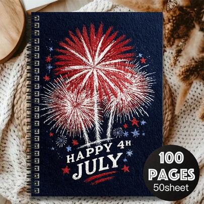 Sổ tay lò xo 100 trang với bìa in hình pháo hoa ngày Quốc khánh 4 tháng 7 và dòng chữ "Chúc mừng ngày 4 tháng 7", tiện dụng cho công việc, học tập, viết nhật ký, lên kế hoạch hàng ngày, làm quà tặng tốt nghiệp hoặc sinh nhật để thêm không khí lễ hội.