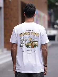 Minimalist. 100% Cotton. 1 Piece. Men's Short-Sleeved T-Shirt With Car And Letter Print. Oversized Summer T-Shirt. - White - View 3