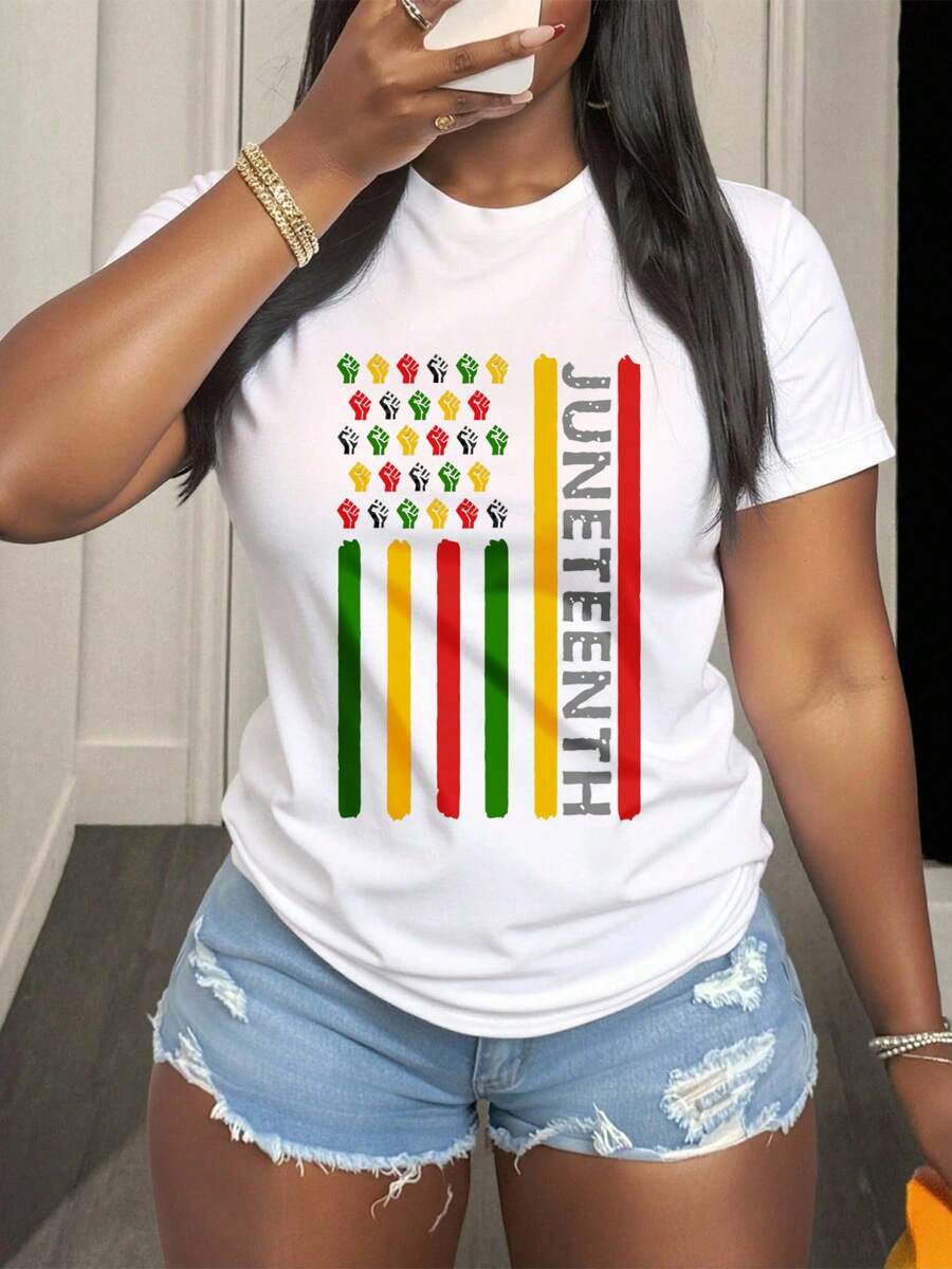 Juneteenth Celebration Shirt With Raised Fist Design And Colorful Stripes For Independence Day Commemoration, 220g - 白色 - 查看 1
